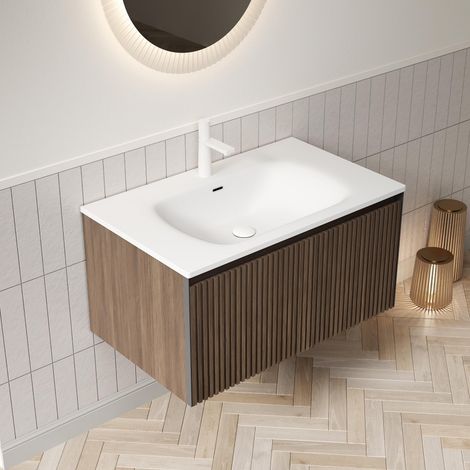Mobile bagno sospeso 80x46x41.8 cm - mobile sottolavabo sospeso con lavabo rettangolare bianco - multistrato scanalato - marrone scuro