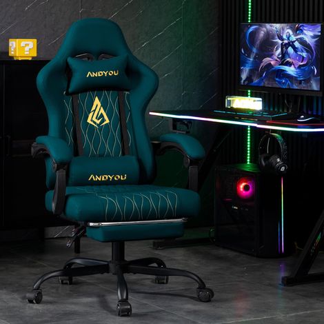 Fauteuil de jeu ANDYOU Series avec repose-pieds – Fauteuil de bureau ergonomique en cuir PU, bleu marine