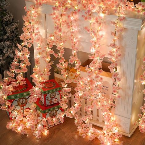 Lot de 2 guirlandes lumineuses de 4,88 m (16 pi) en fleurs de cerisier artificielles - 50 LED - Guirlande de fleurs en soie - Rose - À suspendre - Pour décoration intérieure et extérieure (mariages, c (1/4)