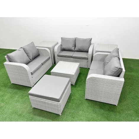 Fimous 7 Seater PE Wicker Rattan Furniture Sofa Sets with Square Coffee Table 2 Seater Love Sofa Big Footstool 2 Side Table Light Grey (1/4)