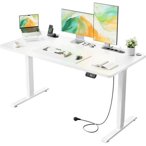 EcoFurnix Bureau Assis Debout Electrique, 140 x 60 cm, Hauteur Réglable 72-117 cm, avec Prise Intégrée & Port USB, Mémoire, Blanc (1/5)