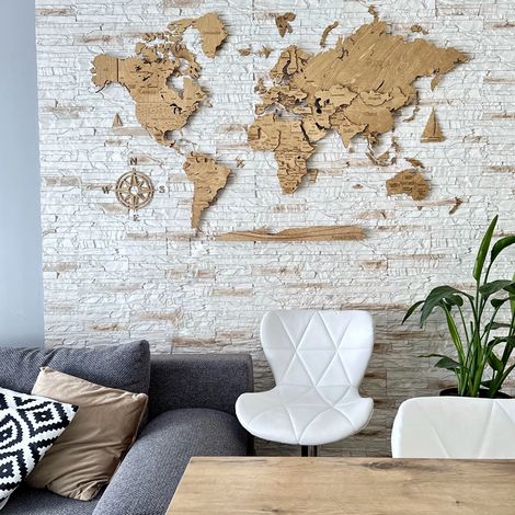 Mapa del mundo 3D de madera de roble natural - Patrón XXI con bordes y nombres de países, 160 x 100 cm (1/5)