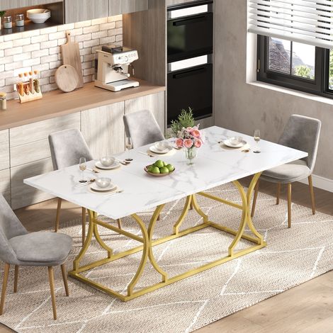 MEUBLIV Table à manger 200 x 80 cm blanc et or – effet marbre, 8 à 10 personnes (1/5)