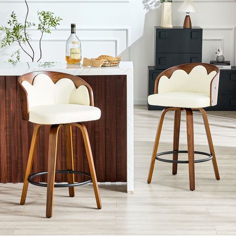 Lot de 2 tabourets de bar blancs avec dossier floral, bois courbé et repose-pieds (1/5)