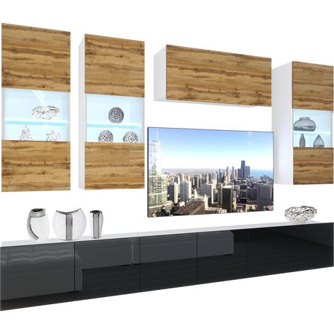 BELINI - Unité Murale TV NEX I Ensemble Muebles de Salon Complet I Ensemble Meuble TV avec Illumination LED I Dimensions: 300 x 180 x 36 cm I Coleur: chêne wotan/Noir très Brillant (1/4)