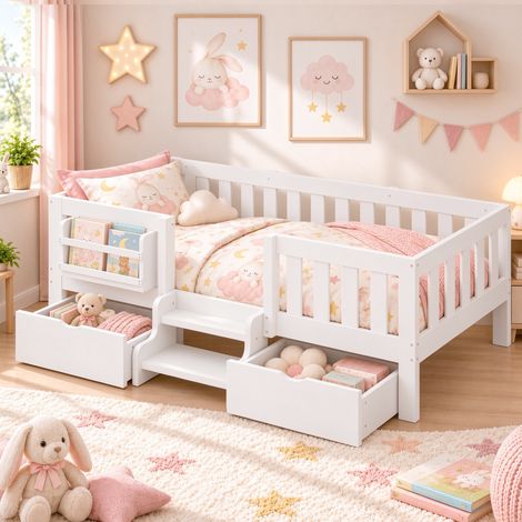Lit enfant 90x200 cm avec barrières de sécurité, 2 tiroirs de rangement, bibliothèque et sommier inclus, lit multifonction en bois - Blanc (1/5)