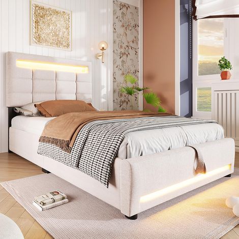 Lit capitonné 90x200 cm, télécommande par application, éclairage LED, rangement hydraulique, sans matelas, avec port USB, lin - Beige (1/5)
