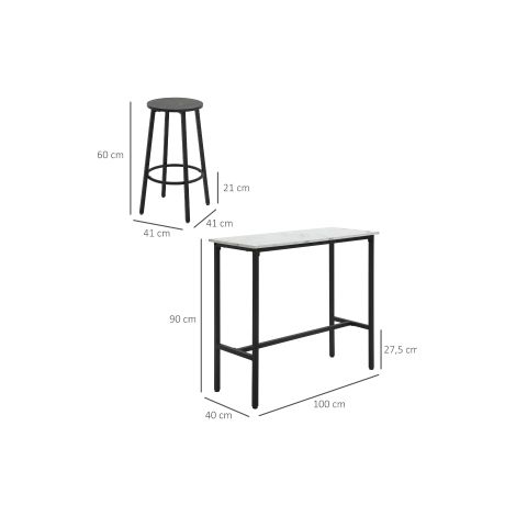 Ensemble de bar 3 pièces blanc et noir en acier avec table haute et 2 tabourets pour cuisine, salle à manger et terrasse (1/5)