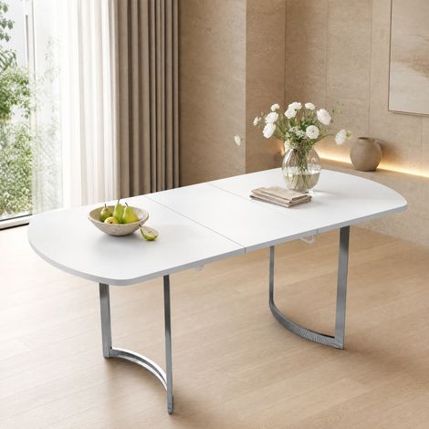 Tavolo da pranzo estensibile in MDF 140/180 x 80 cm bianco con gambe metalliche argentate, 4-6 posti (1/5)