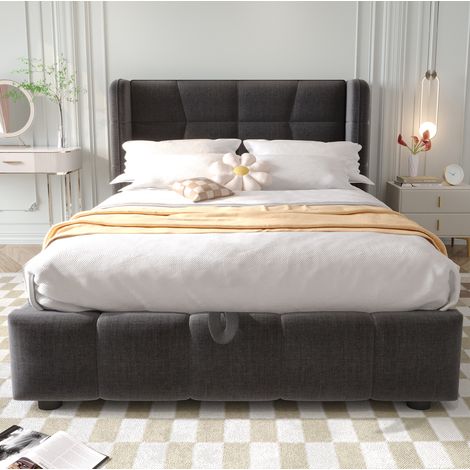 Lit simple enfant 90x200 cm gris avec rangement, tête de lit, tissu et métal, sans matelas MEUBLIV (1/5)