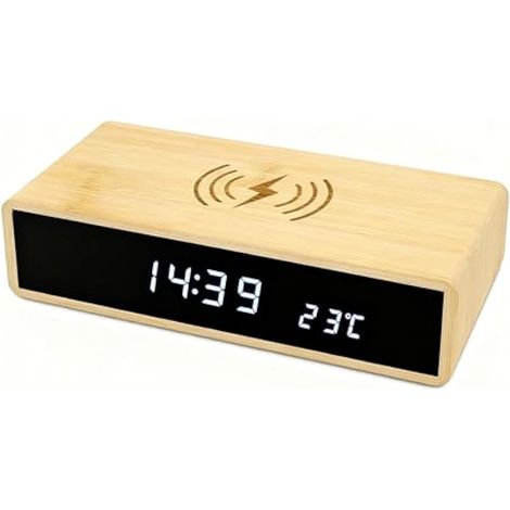 Réveil Numérique en Bois, Station de Charge Rapide sans Fil pour Tous Les Types de Téléphones Intelligents, Horloge LED en Bambou Exquise Multifonction à la Mode avec 3 Jeux de (1/5)