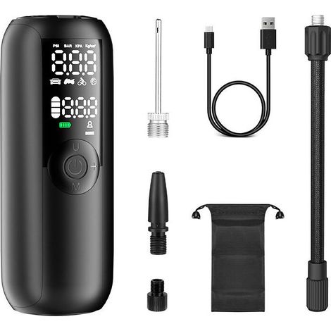 Gonfleur Pneus Voiture Sans Fil,150 PSI Pompe a Velo,Compresseur à Air Portatif pour Voiture, Vélo, Arrêt Automatique avec Valve Presta et Schrader (1/4)
