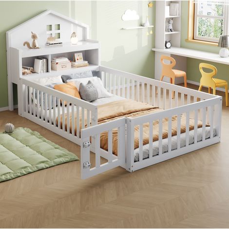 MEUBLIV Cama infantil 90x200 cm blanca – casita con almacenaje y barrera, sin colchón (1/5)