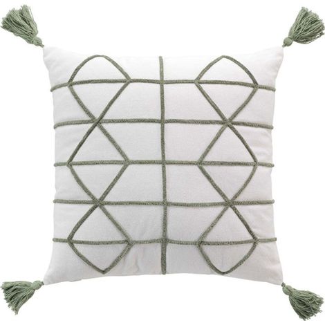 Housse de Coussin à Pompons "Soho" 40x40cm Naturel & Vert (1/4)