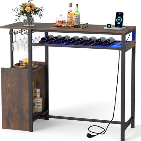 Table de Bar avec Station de Charge, Éclairage RGB, Meuble Bar Industriel avec Porte-Verres, Porte-Bouteilles, Cadre Métallique, 110 x 40 x 92 cm (1/5)