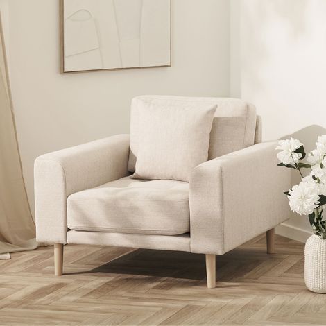 Fauteuil XL 90x92x54 cm en tissu texturé beige et pieds naturel