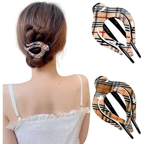 Lot de 2 pinces à cheveux en forme de cœur, pinces à cheveux fantaisie pour queue de cheval, accessoires pour cheveux bouclés, motif treillis (1/5)