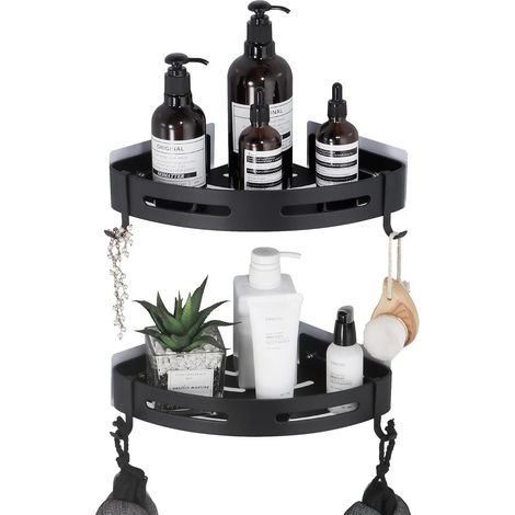 QAZQA Serviteur Douche Antirouille Etagère d’Angle De Douche Montage sans Perceuse Murale Douche Étagère Aluminium Serviteurs de Douche Noir 2 Niveaux Triangulaire (1/4)