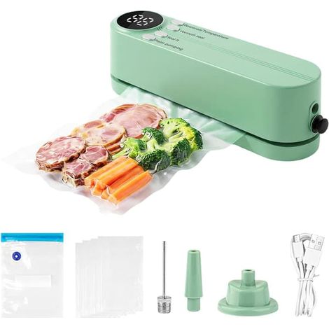 Mini machine sous vide 3 en 1, sans fil et portable, pour la conservation des aliments secs et humides, avec 4 sacs à goûter et une pompe à air pour ballons/bouées – Verte (1/5)