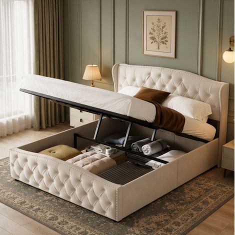 Lit coffre 140x190,lit 140x190 avec sommier à lattes,lit double capitonné,lit adulte,lit 2 personnes,design rivet,tissu en velours,Beige (1/5)