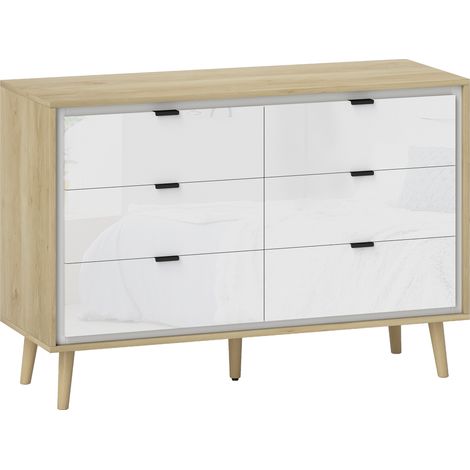 Cassettiera con 6 Cassetti 110x40x75 cm in Legno Bianco Lucido e Rovere
