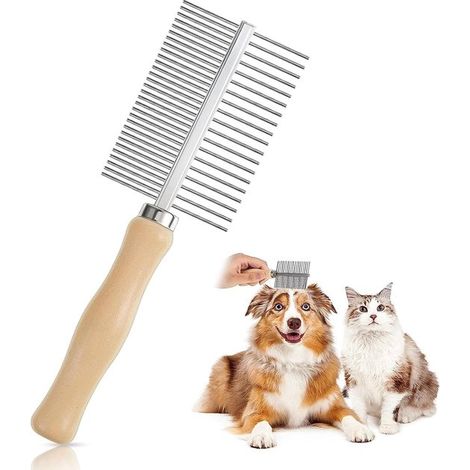 Pettine in legno a doppia punta per cani e gatti, punte metalliche arrotondate per animali con pelo medio-lungo, rimuove il sottopelo e i nodi. (1/5)