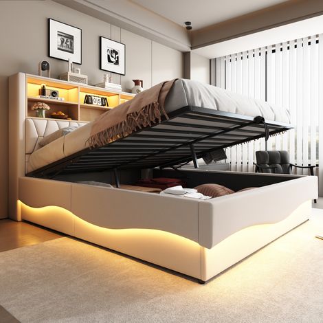Lit capitonné 180x200 cm, coffre de rangement hydraulique, éclairage LED via application, port USB intégré, sommier à lattes en métal, housse en lin beige. (1/5)