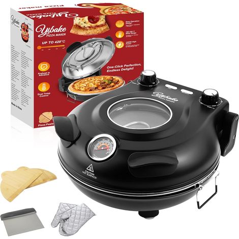 Four à Pizza Électrique, Cuit une Pizza en 4 minutes, Plaque en Pierre Réfractaire de 31cm, Max 420°C Four a Pizza, 1200W, Pelle à Pizza, Grattoir et Recettes inclus, Noir