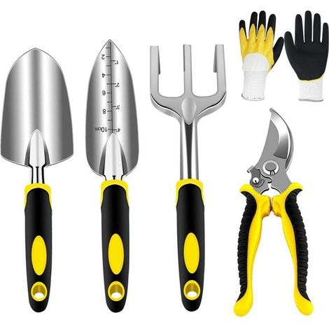 Gardening Tool Set, Garden Tools with Sturdy Aluminum Heads and Ergonomic Handles, Gardening Kit with Pruning Shears, Shovels, Trowel, Transplanter, Hand Rake, Gloves (1/5)
