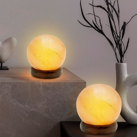 Tischleuchte Salzkristall Salzkristalllampe Holzsockel Tischlampe Holz Salzstein Dekoleuchte, USB, LED 5W, DxH 8,9x10,2 cm, 2er Set (1/5)