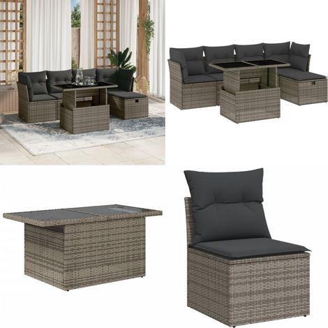 Salon de jardin 6 pcs avec coussins gris résine tressée - Ensemble Salon De Jardin - Mobilier De Jardin - Salon Extérieur - Table De Jardin Extensible - Chaise Longue - Home & Living (1/5)