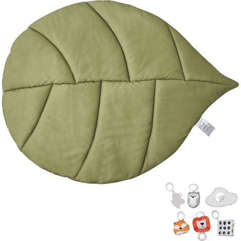 Spielmatte für Babys in Blattform mit 6 sensorischen Spielzeugen, für 0-18 Monate, zur Förderung der motorischen und kognitiven Entwicklung. (1/5)