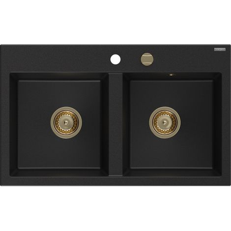 Mexen Hektor évier en granit 2 bacs 800 x 480 mm, noir, siphon doré - 6521802000-77-G (1/5)