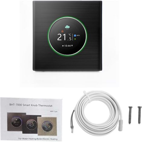 Smart WiFi thermostat, 16 amp electric underfloor heating controller – digital touchscreen, 95-240V voltage, BHT 7000GBLW, black. (1/5)
