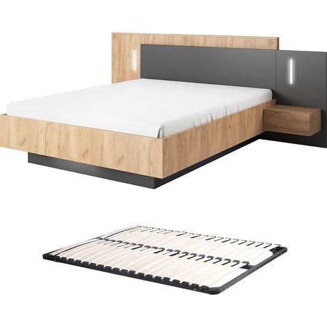Letto con comodini 140 x 190 cm 2 cassetti Con LED Naturale e Antracite + Rete - FRANCOLI
