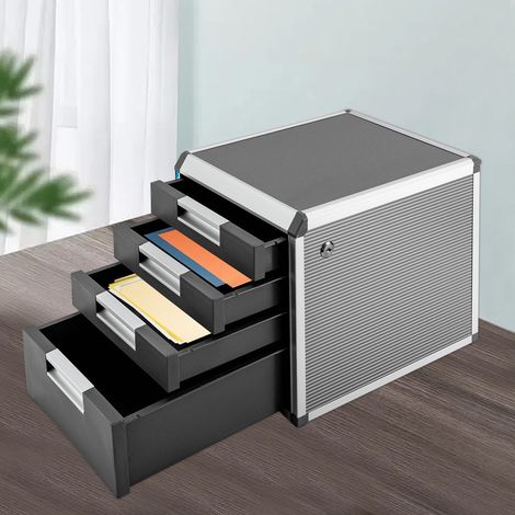 Caja de almacenamiento de aluminio de 4 niveles, cajones metálicos, con cerradura, 4 compartimentos, formato A4, con etiquetas, para guardar documentos. (1/5)