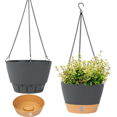 Lot de 2 Pots de Fleurs à Suspendre pour intérieur et extérieur avec Trou de Drainage et 3 Crochets - 20 cm - Gris (1/5)