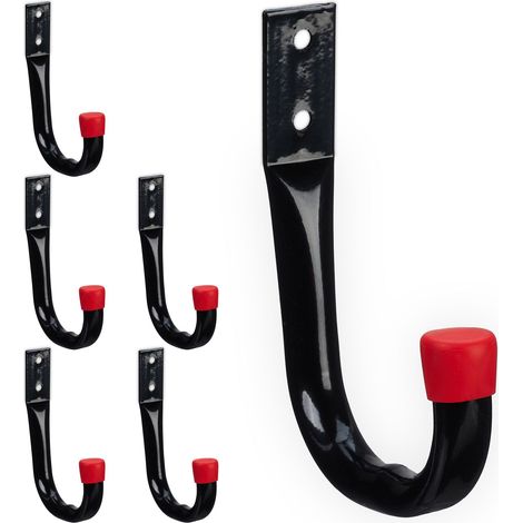 Relaxdays Wall Hooks, set of 6, Universal Hangers for Garden Tools, Tool Wall Holder, Steel, Each up to 18 kg, Black/Red