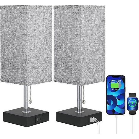 Lot de 2 lampes de chevet, 3 modes de couleur, ports USB-A+C, interrupteur à tirette, LED, pour chambre, salon, bureau, chambre d'enfant et hôtel