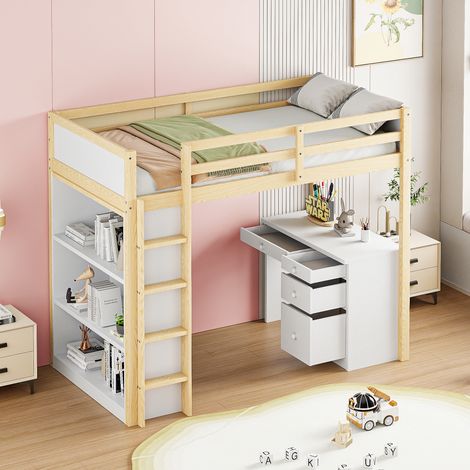 Letto a soppalco 90 x 200 cm, Letto singolo con armadio e scrivania, senza materasso, legno naturale