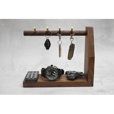 Plateau de présentation de bijoux en bois pour femme (23 x 8 x 19 cm) avec 4 crochets de suspension pour ranger boucles d'oreilles, colliers, bracelets, montres, clés et bagues. Cadeau original pour h (1/5)