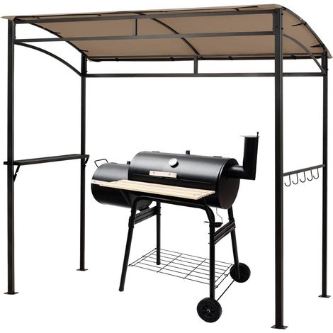 Abri Barbecue Exterieur, Tonnelle de Jardin Imperméable 213x137x213CM, Toit en Polyester Incliné, 2 Étagères de Service Latérale avec 5 Crochets, Cadre en Métal, Idéal pour Jardin, Terrasse (1/5)