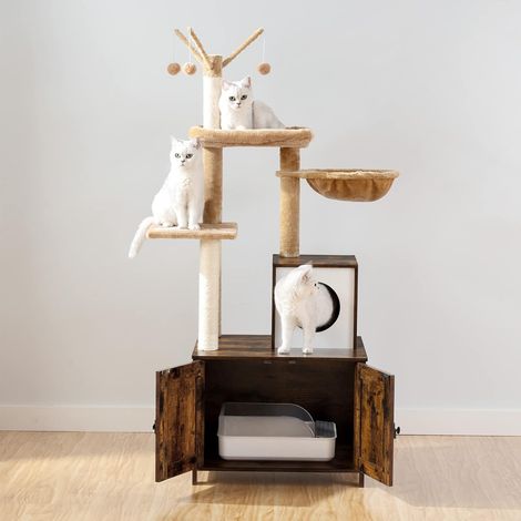 Katzenbaum mit katzenklo Schrank, Katzenbaum Turm, 150 cm, versteckte Katzentoilettenmöbel, All-in-One-Katzenmöbel für drinnen, Kratzbaum, abnehmbare Plüschball-Stange, HOOBRO EFG15MZ03
