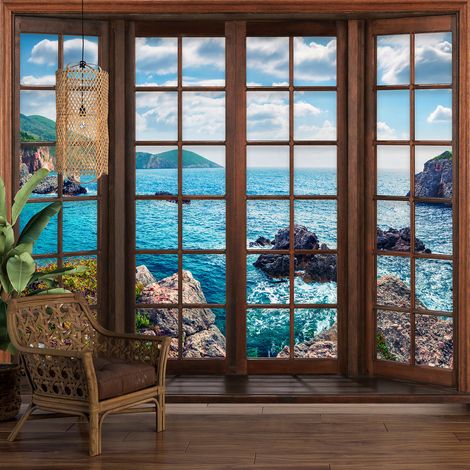 Papier peint panoramique Trompe l'oeil Fenêtre en bois - Vue Mer - 130 cm x 104 cm (1/5)