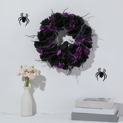 Couronne De Fleurs - Couronne Halloween En Simili-Fleurs - Pour Porte Ou Mur - 45 X 45 Cm - Noir Et Violet - 1 Pièce (1/5)