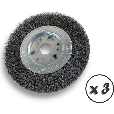 Lot de 3 brosses circulaires ACIER Ø 150 mm Epaisseur 1 rang Fil souple 0.20 mm ondulé Alésage 20 mm + réducteur bague 16/12 mm Touret meuleuse affûteuse ponceuse Kibros 215151AVx3