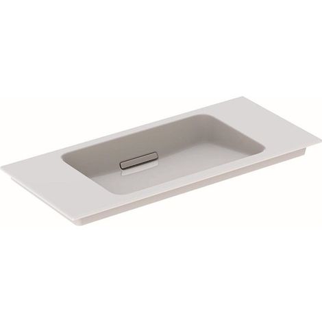 Lavabo pour meuble Geberit ONE sortie horizontale, compact, 90x40cm, sans troude robinetterie, trop-plein dissimulé, blanc, KeraTect, chromé brillant