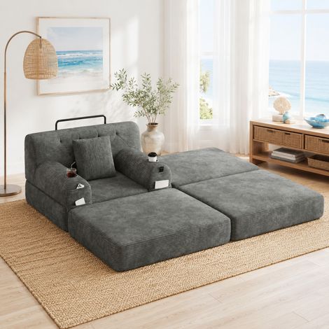 Canapé convertible 1 place avec pouf en velours côtelé, gris foncé HAVRYA (1/5)