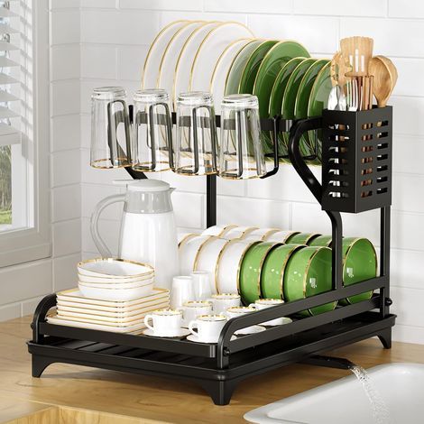 Escurridor de platos de cocina negro de 2 niveles, escurridor de acero inoxidable con soporte para utensilios y boquilla giratoria, almacenamiento y organización de la cocina. (1/5)