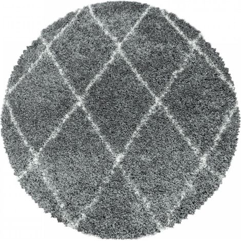 Tapis à Poils Longs Design Berbère Motif Losanges - Gris et Blanc - Rond 160x160cm